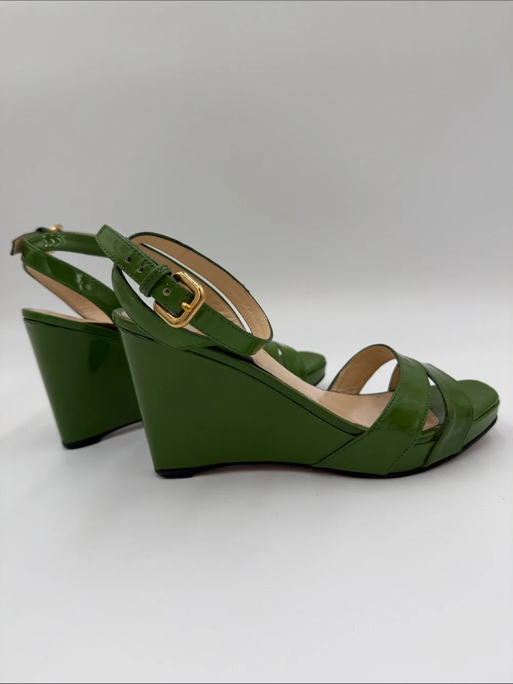 Prada Patent Green Wedge Sandals with Ankle Strap